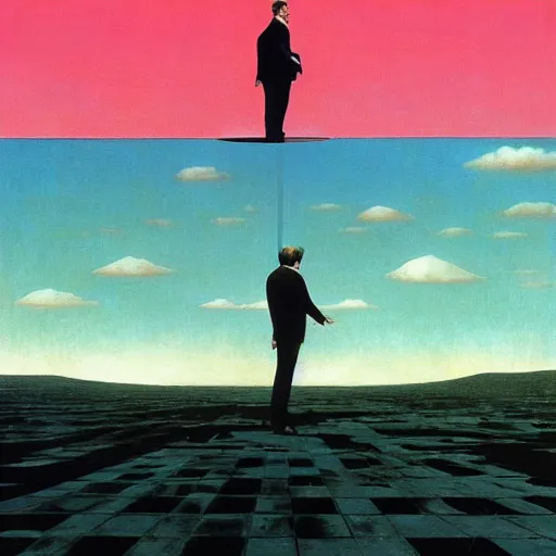 Prompt: a man in black suit, white city, clear blue sky, pink floyd album cover, 1 9 7 0's, by beksinski, bruegel, greg rutkowski, alphonse mucha, and yoshitaka amano, colorful flat surreal design, hd, 8 k, artstation