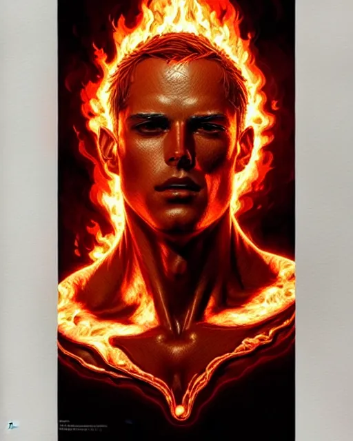 Image similar to A man made of fire, intricate heat distortion designs, elegant, highly detailed, sharp focus, art by Artgerm and Greg Rutkowski and WLOP