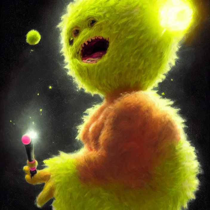 Image similar to cinematic portrait of a cute tennis ball monster in the abyss of space, chalk, masterpiece, trending on artstation, featured on pixiv, cinematic composition, dramatic pose, beautiful lighting, sharp details, hyper-detailed, HD, HDR, 4K, 8K, art by Basil Gogos