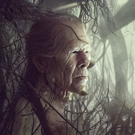 Prompt: rotten stem formed like the face of nick nolte in the swamp, at dusk, misty athmosphere, ultra realistic, concept art, intricate details, eerie, highly detailed, photorealistic, octane render, 8 k, unreal engine. art by ed binkley and ellen jewett and artgerm and greg rutkowski and alphonse mucha