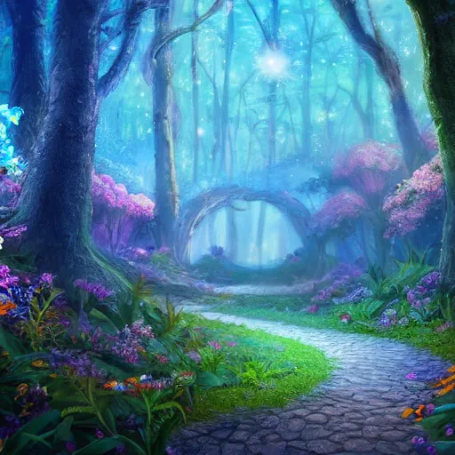 Image similar to An enchanted forest, colorful flowers, pathway, reflection, moonlight, fantasy scene, clear sky, illustration, depth of field, ruins, soft light, high definition, detailed, 8k, Artstation, fantasy art