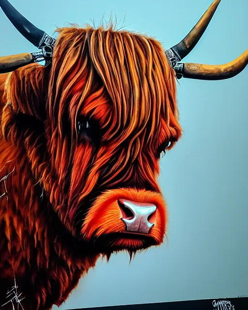 Prompt: a portrait of an anthropomorphic cyberpunk highland cattle bull by sandra chevrier, by jon foster, detailed render, tape deck, epic composition, cybernetics, 4 k realistic, cryengine, realistic shaded lighting, sharp focus, masterpiece, by enki bilal