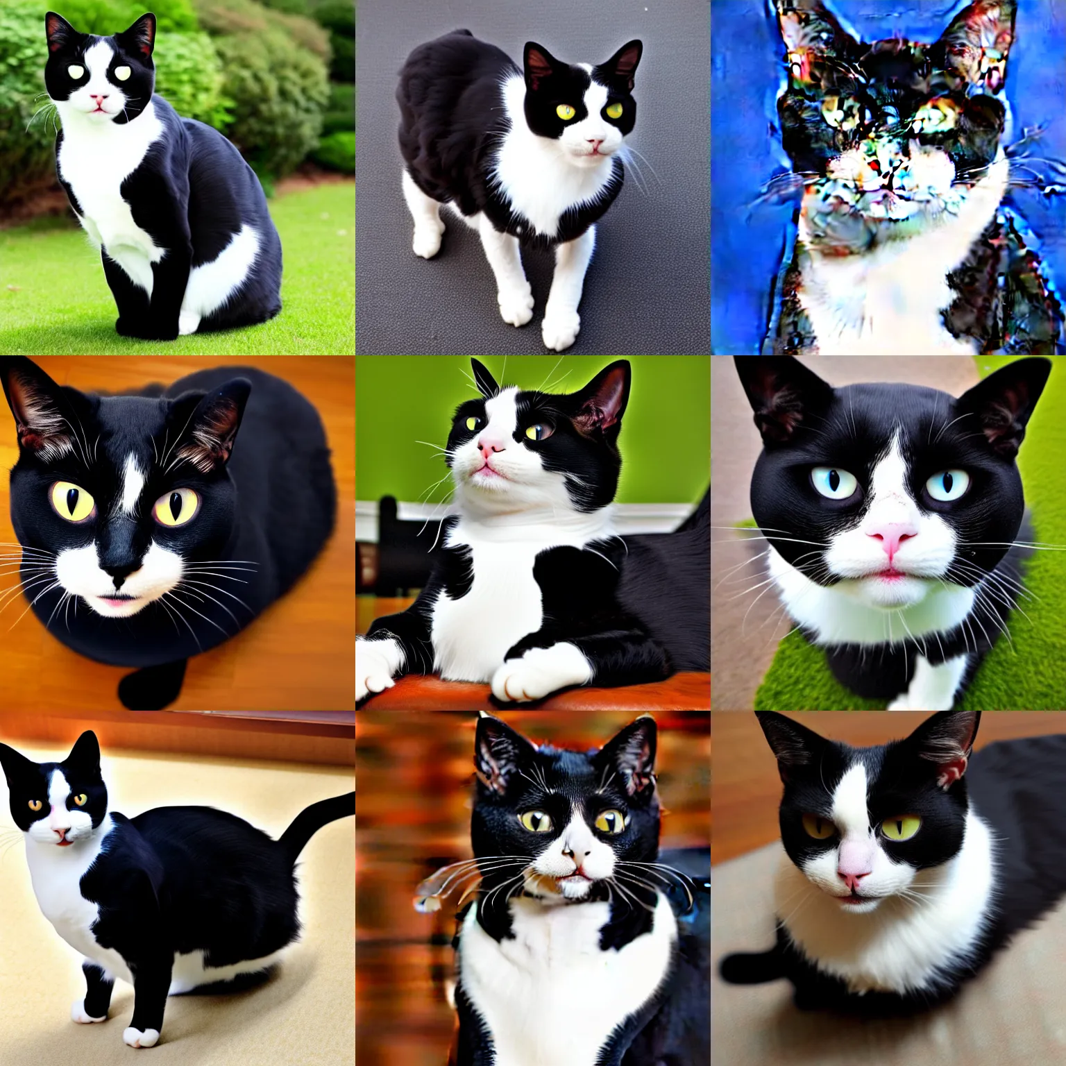 Prompt: Manx tuxedo Cat with big round features