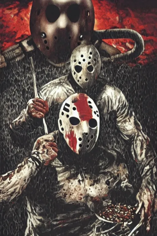 Image similar to jason voorhees swimming in a pool of cereal, realistic, moody grindhouse, dark