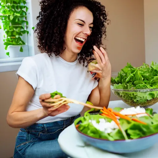 Image similar to Stock photo of woman eating salad with fork and laughing