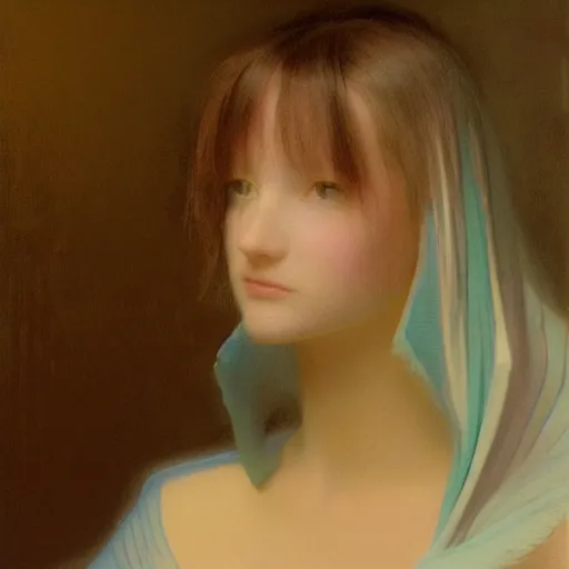 Prompt: a young woman's face, her hair is calcium white and she wears an cobalt blue satin cloak, by ivan aivazovsky and syd mead and moebius and gaston bussiere and roger dean and pieter claesz and paul delaroche and alma tadema and aelbert cuyp and willem claesz, hyperrealistic, volumetric light, octane render