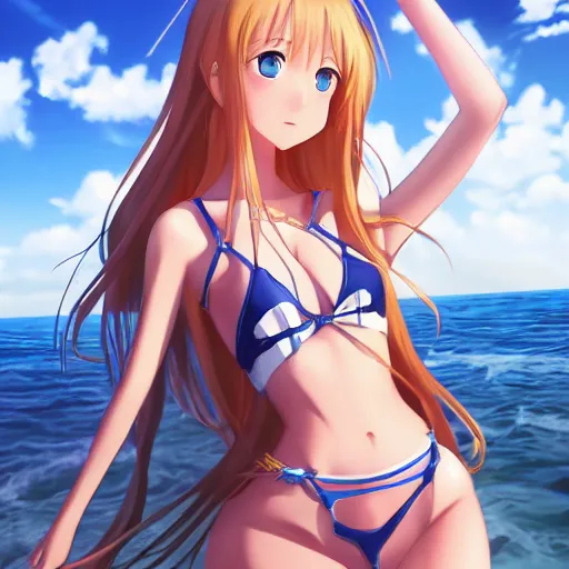 Image similar to a very beautiful young yuuki asuna, full body, long wavy blond hair, sky blue eyes, full round face,, bikini, miniskirt, front view, mid - shot, highly detailed, cinematic wallpaper by stanley artgerm lau