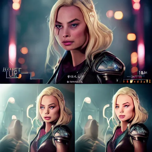 Image similar to hyper realistic character sheet of Lux (League of Legends) played by Margot Robbie, 4k, Carl Zeiss, sigma, Tamron so 85mm, cinematic, lute