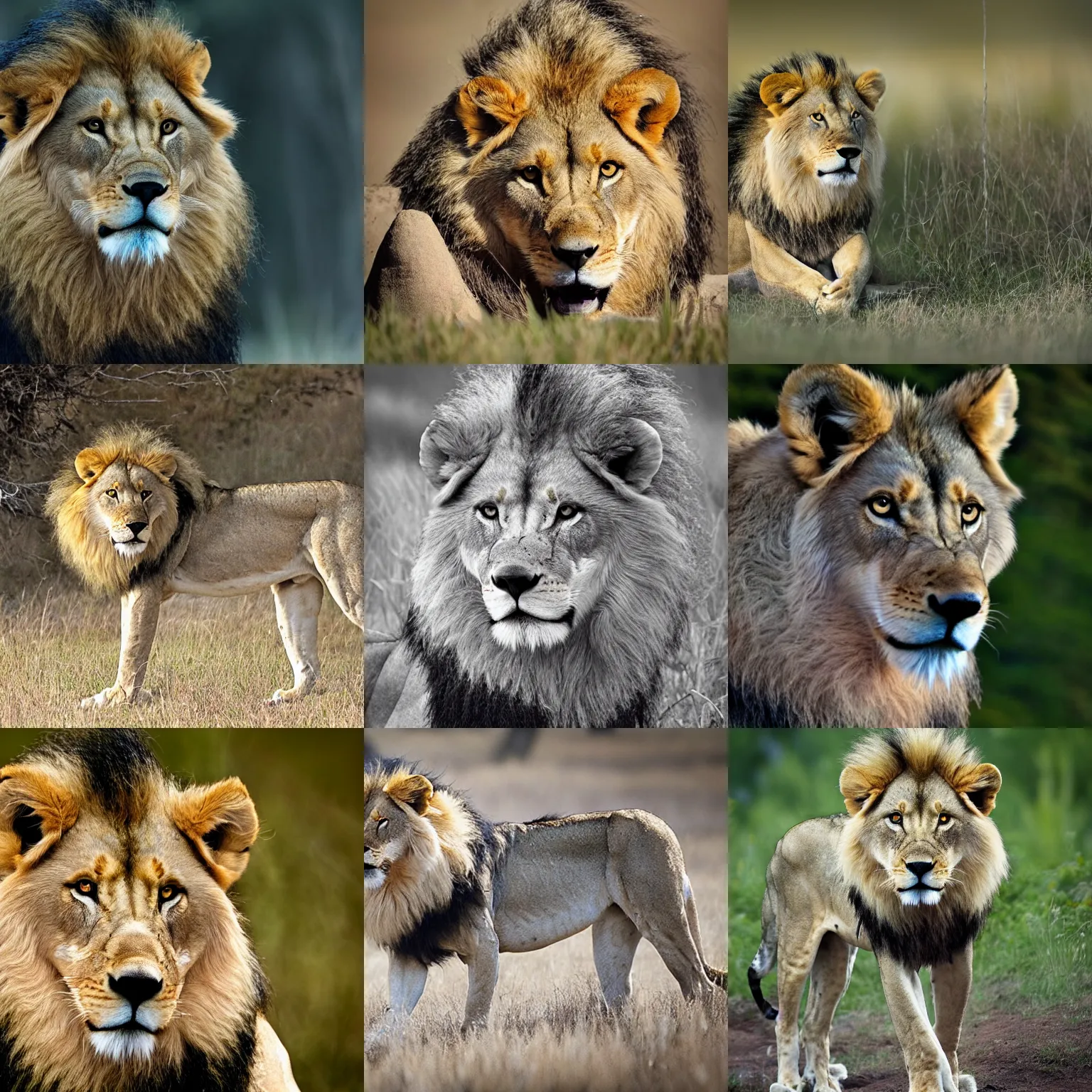 Prompt: a lion-wolf, wildlife photography