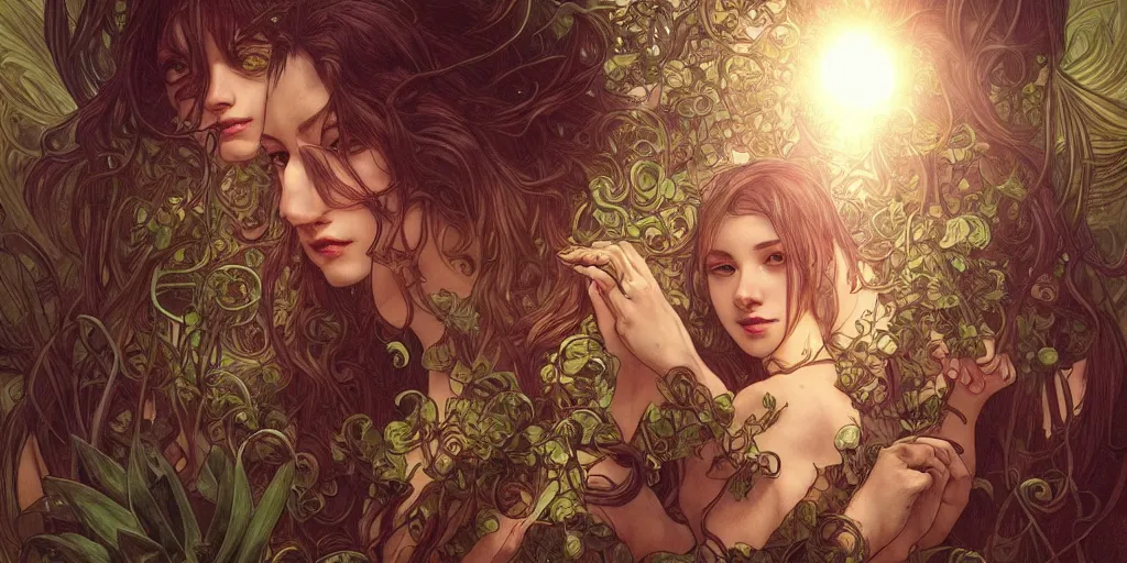 Prompt: scary plant people by artgerm, ominous nightmare, intense lighting, light beams, lens flare, intricate tendrils by alphonse mucha, elegant, highly detailed, digital painting, artstation, concept art, smooth, sharp focus, illustration, art by serpentigena and alphonse mucha