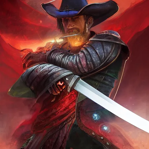 Image similar to Fantasy digital art for magic the gathering card, a close-up shot of a sword with a gun as the hilt currently across the back of a cowboy, red in the background with images of battle all around