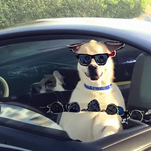 Prompt: dog with glasses is driving