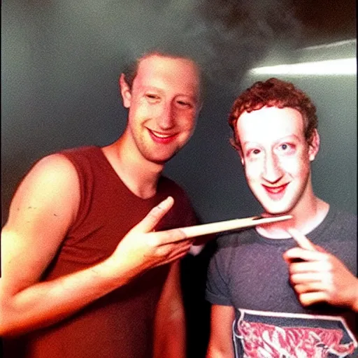 Prompt: selfie of Lucifer smoking weed with mark zuckerberg in hell