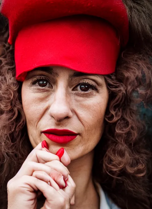 Image similar to color portrait of a beautiful 35-year-old Italian woman, wearing a red outfit, candid street portrait in the style of Mario Testino close up, detailed, award winning, Sony a7R