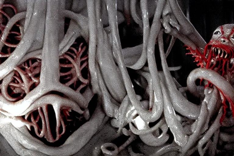 Prompt: scary filmic wide shot angle movie still 35mm film color photograph of a shape shifting horrific nightmarish abstract alien organism from The Thing 1982 spewing toxic spined tentacles made out of flesh strangling a doctor wearing a lab coat and surgical mask in the style of a horror film