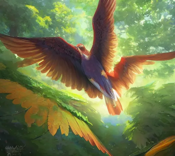 Prompt: a bird gliding through a forest, large wingspan. Vibrant colors. By Makoto Shinkai, Stanley Artgerm Lau, WLOP, Rossdraws, James Jean, Andrei Riabovitchev, Marc Simonetti, krenz cushart, Sakimichan, trending on ArtStation, digital art.