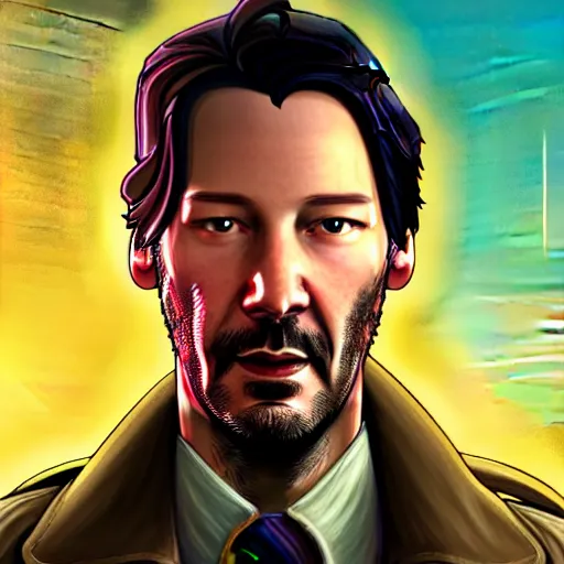 Prompt: keanu reevez in the role of main character from disco elysium, game poster, digital art, by aleksander rostov, disco elysium style