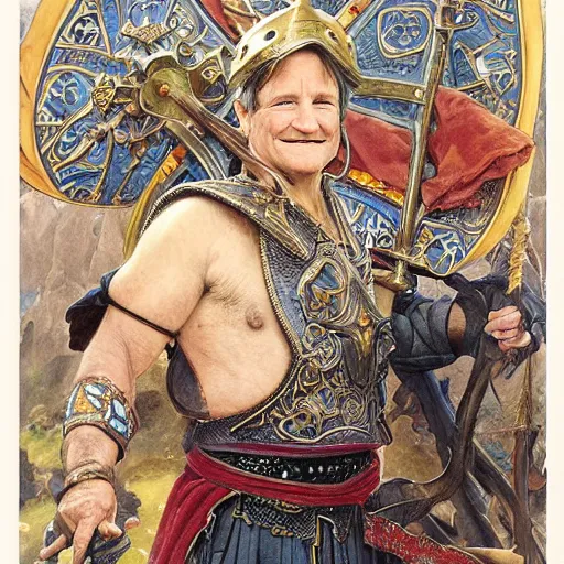 Image similar to an ultradetailed portrait of robin williams dressed as a fantasy holy paladin, carrying a large tower shield, d & d, fantasy, intricate, elegant, highly detailed, digital painting, matte, sharp focus, illustration, plate armor, god rays, art by john collier and albert aublet and krenz cushart and artem demura and alphonse mucha