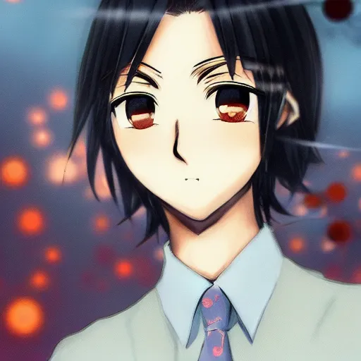 Image similar to high detailed anime portrait of man, black hair, short hair, blue eyes