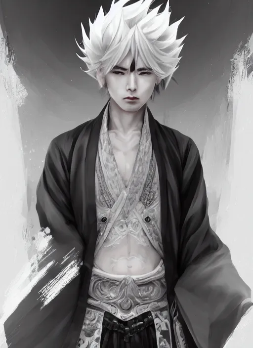 Image similar to a highly detailed illustration of fierce short white haired young japanese man wearing hakama, black sclera eyes, dramatic serious pose, intricate, elegant, highly detailed, centered, digital painting, artstation, concept art, smooth, sharp focus, league of legends concept art, wlop