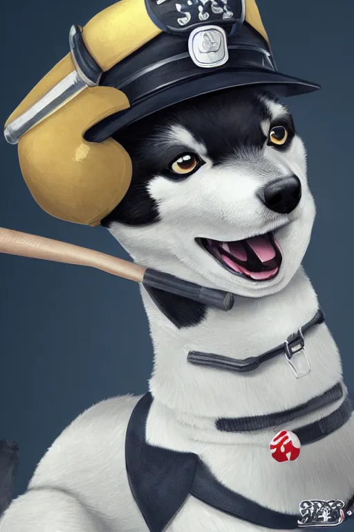 Image similar to shiba inu holding a baseball bat, wearing a police uniform, wearing a japanese traditional hat, character design, highly detailed digital art, atmosphere, cinematic lightning, hyperrealistic, focused, extreme details, 4 k, ultra detailed, trending on artstation, masterpiece