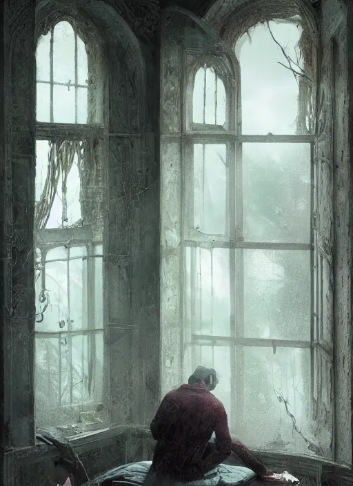 Prompt: a dreary bedroom where the window reveals fantastical scenes of dreams, dreams invading mundane spaces, fantasy infiltrating reality, bubbles of the impossible, swirls of magic, 8k, ultradetailed, illustrated by Greg Rutkowski and Caspar David Friedrich.