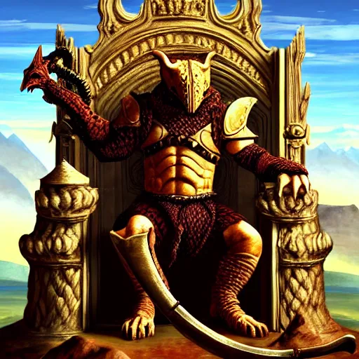 Prompt: a dragonborn as the king of a kingdom sitting on his throne, digital art, renaissance painting, fantasy art, ultra detailed, as coherent as Dall-E 2