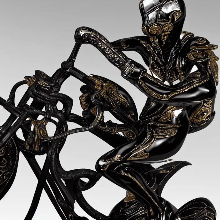 Prompt: fine art statue of masculine black egyptian man on a surrealist motorcycle, ebony art deco, carved black marble, inlaid with ebony and gold accents, ebony rococo, wings black lace wear, spider zero, zaha hadid, beautifully lit, hyper detailed, intricate, elite, ornate, photorealistic, micro details, 3 d sculpture, ray trace