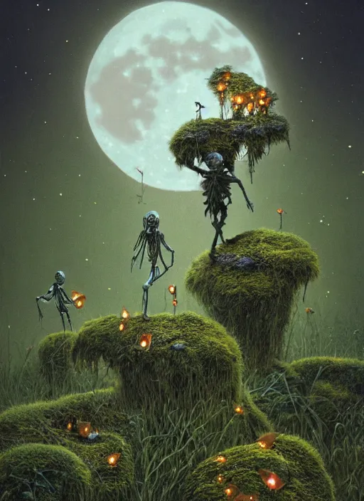 Image similar to tiny skeleton people dancing on mossy rocks with fairies and fireflies by zdzislaw beksinski and hajime sorayama lush plants and spiky bones everywhere, big glowing moon, glowing paper lanterns, high fashion, mystical fantastic magic details, by james jean, hd, 8 k, trending on artstation, uhd