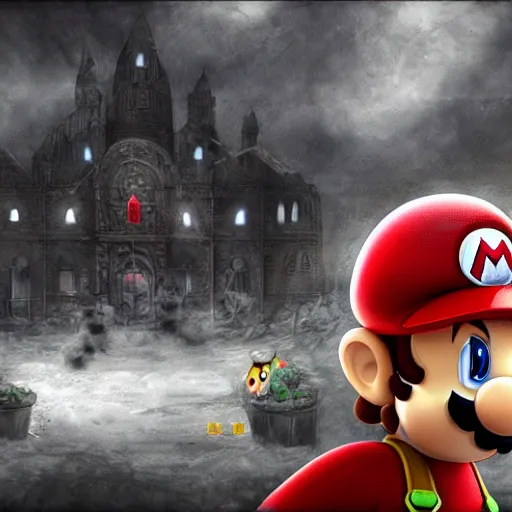 Image similar to concept art of mario from super mario bros in a ruined kingdom, resident evil, horror, occult, terror, mist, volumetric render, zoomed out wide angle digital painting, detailed painting