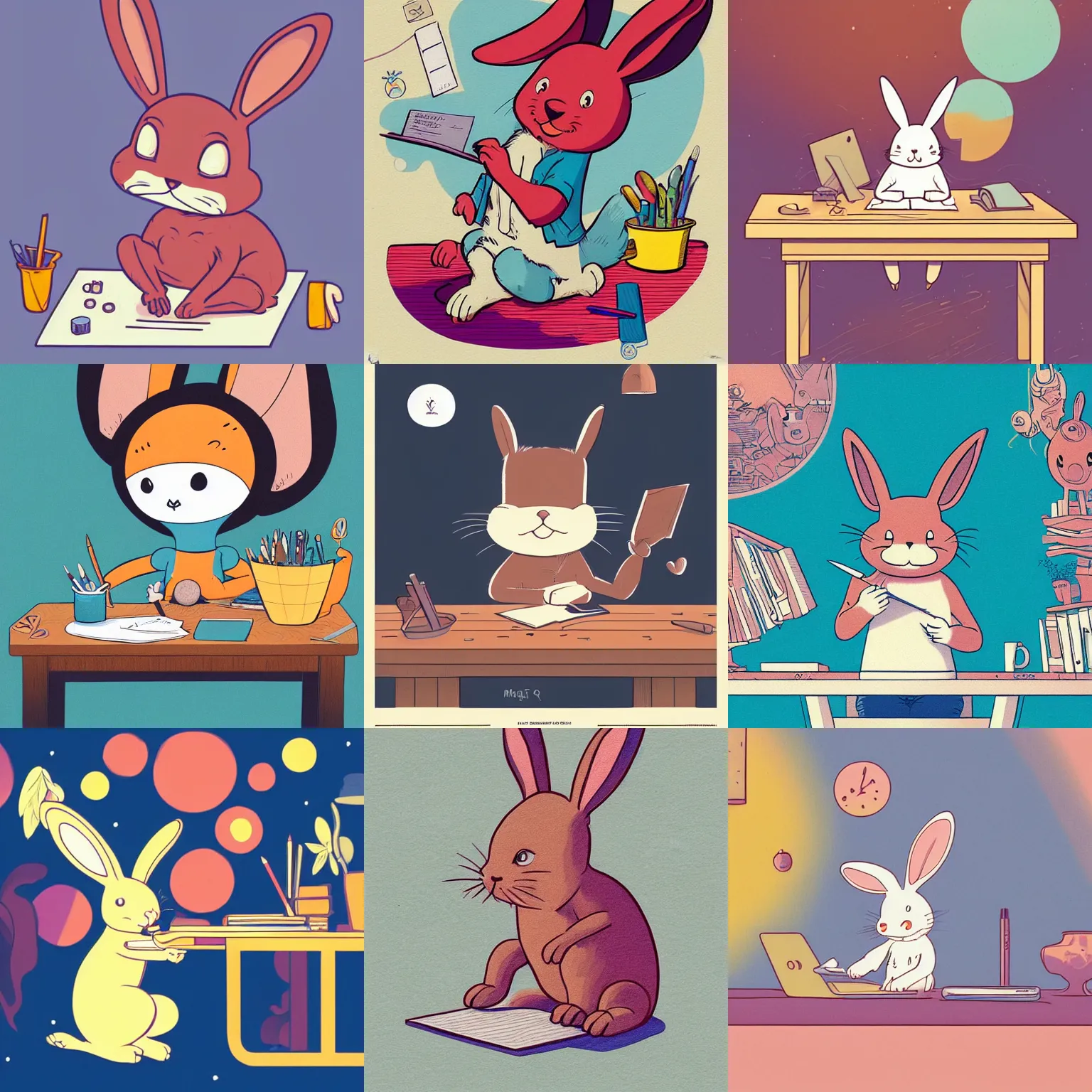 Prompt: a cute happy cartoon rabbit sitting at a desk writing on a paper, llustration, josan gonzales, wlop, james jean, Victo ngai, David Rubín, Mike Mignola, Hergé, Joost Swarte, Moebius, Laurie Greasley, artgerm, highly detailed, sharp focus, gouache, Trending on Artstation, HQ, deviantart