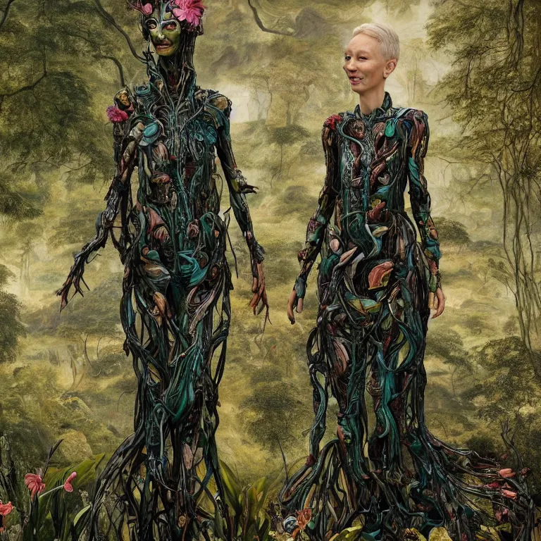 Image similar to a grinning dryad cate blanchet, who looks like a cybernetic alien stands pround in the middle of a river valley. around her are tropical birds and orchids and she is wearing an iris van herpen dress. painted by jan van eyck, egon schiele and max ernst, trending on artstation, 8 k, award winning, high octane