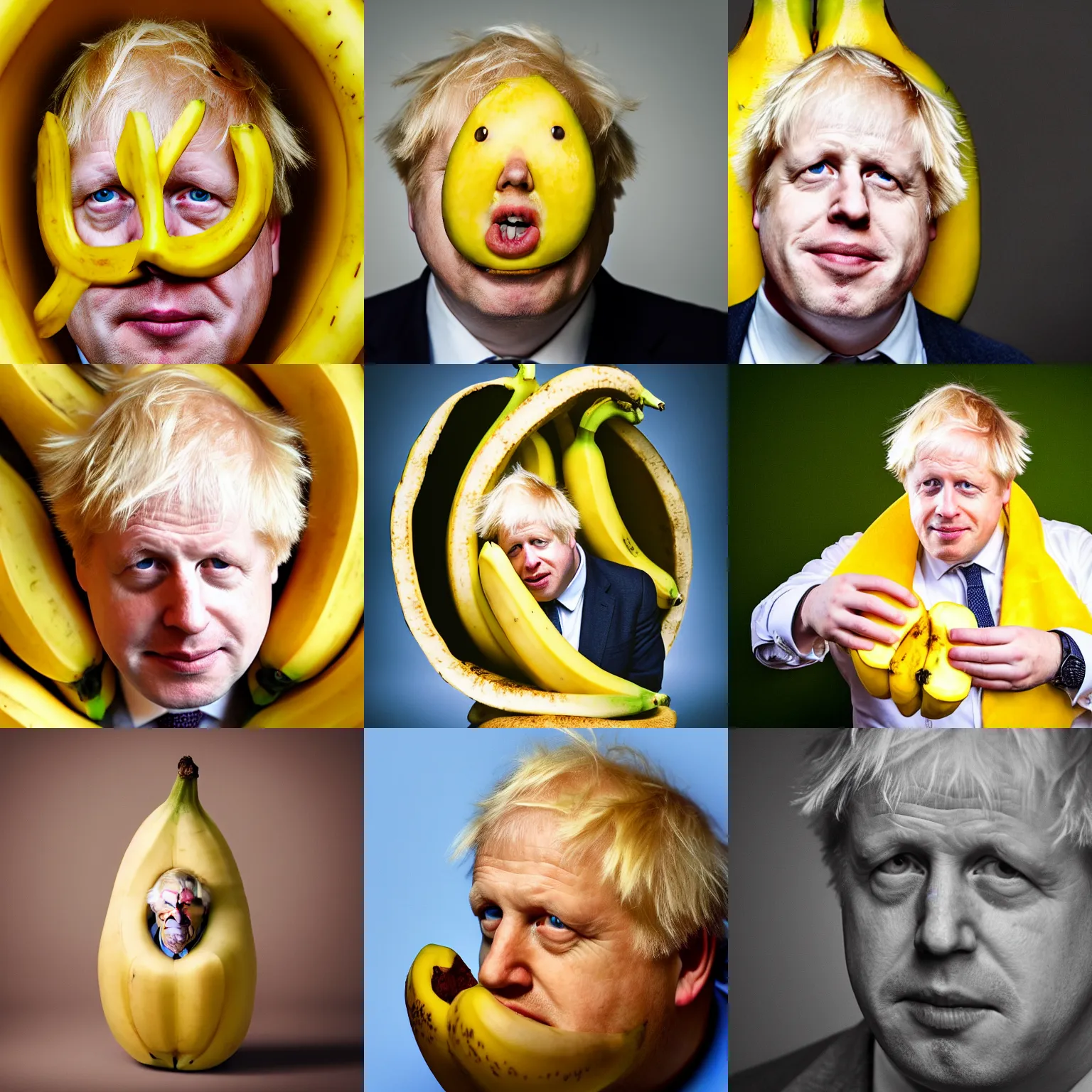 Prompt: boris johnson inside a banana, comfy, portrait photography, high quality