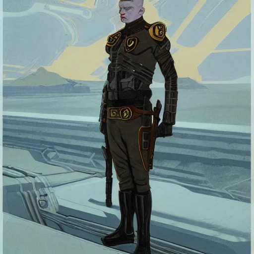 Image similar to portrait of rubbery, gaunt albino mutant with moist skin, sharp features, large lips, huge black eyes and determined expression, wearing fascist Byzantine police uniform and standing on Dune docks, science fiction concept art by Anato Finnstark, Alphonse Mucha, and Greg Rutkowski