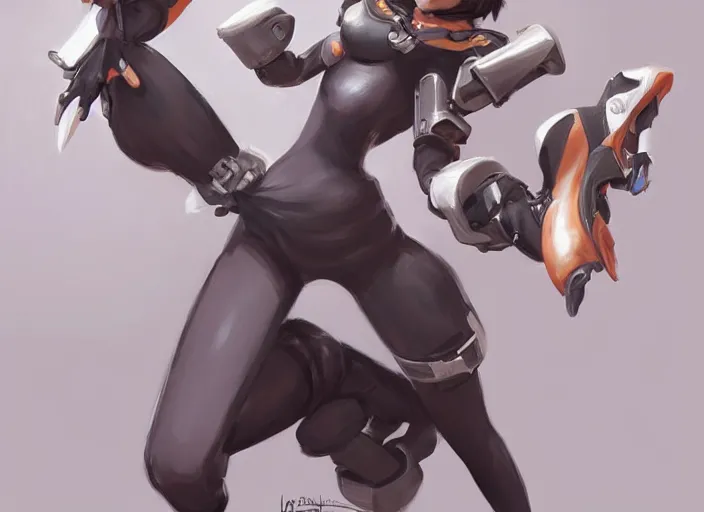 Image similar to a highly detailed beautiful portrait of tracer from overwatch as 2 b nier automata wearing a skintight suit!!, concept art!!, by gregory manchess, james gurney, james jean