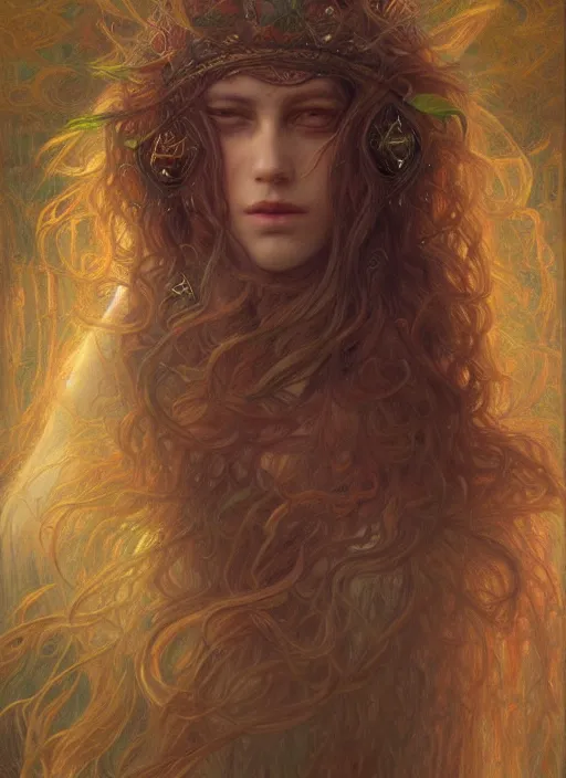 Prompt: druid portrait, by jean delville and sophie anderson and mandy jurgens, golden ratio, perfect composition, elegant, no crop, extremely detailed, hd, masterpiece, artstation