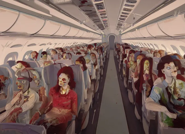 Prompt: boeing 737 cabin, a lot of zombies, birthday party, realistic, wide angle, Unreal 5 engine, trending on artstation, by Huang Guangjian and Gil Elvgren and Sachin Teng