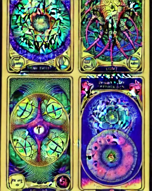 Prompt: tarot cards of stem cells, close up details, intrinsic, drawn by Ernst Haeckel, psychedelic colorful, beeple rendering, written by HP Lovecraft