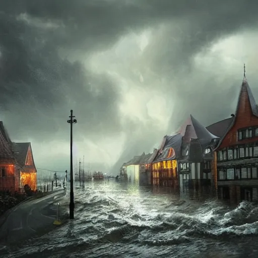 Prompt: dramatic landscape art of a german town being flooded during a thunderstorm, background art, concept art, dramatic lighting, trending on artstation