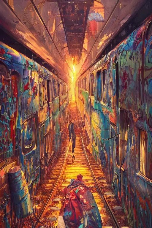 Prompt: trains covered in dripping graffiti paint, painterly, james jean, yoshitaka amano, hiroshi yoshida, moebius, loish, artgerm, painterly, symmetrical, ultra detailed, hyper realistic, illustration, sunset lighting