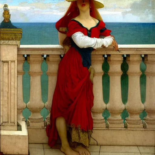 Image similar to A girl with jester hat and clothes on the front of a Balustrade with a beach on the background, major arcana clothes, by paul delaroche, alphonse mucha and arnold böcklin arnold böcklin hyperrealistic 8k, very detailed