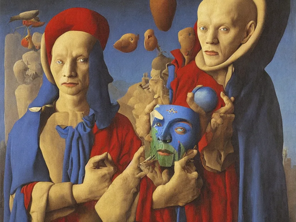 Prompt: Portrait of albino mystic with blue eyes, with beautiful simple Oceanian mask. Painting by Jan van Eyck, Audubon, Rene Magritte, Agnes Pelton, Max Ernst, Walton Ford