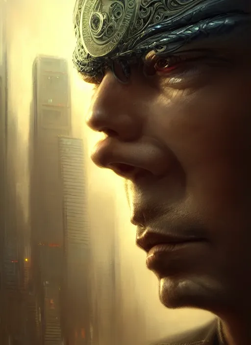 Image similar to closeup portrait shot of a male detective in a scenic cyberpunk environment, intricate, elegant, highly detailed, centered, digital painting, artstation, concept art, smooth, sharp focus, illustration, artgerm, tomasz alen kopera, peter mohrbacher, donato giancola, joseph christian leyendecker, wlop, boris vallejo