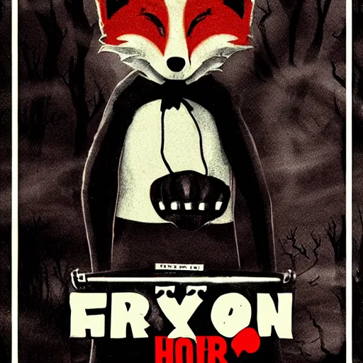 Image similar to movie poster for a horror movie featuring an anthropomorphic male fox dressed in casual clothing, dark and spooky Halloween theme