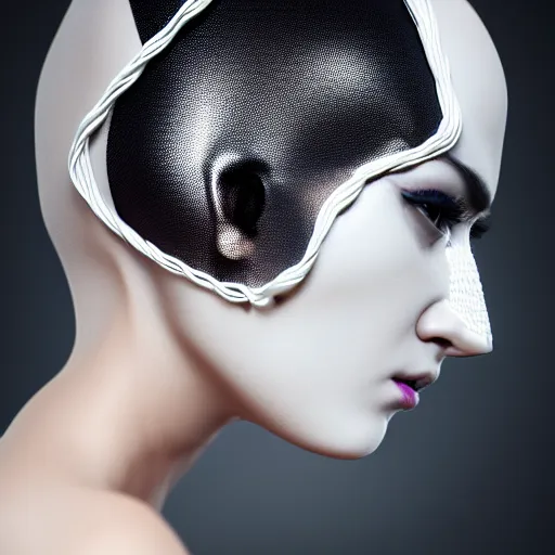 Prompt: ultra detailed woman wearing a white mask with black wires on her head, featured on behance, net art, made of wire, 1 0 mm lens, elegant, hyper realistic, ultra detailed, hyper realistic vfx simulation, volumetric lighting, 8 k post - production