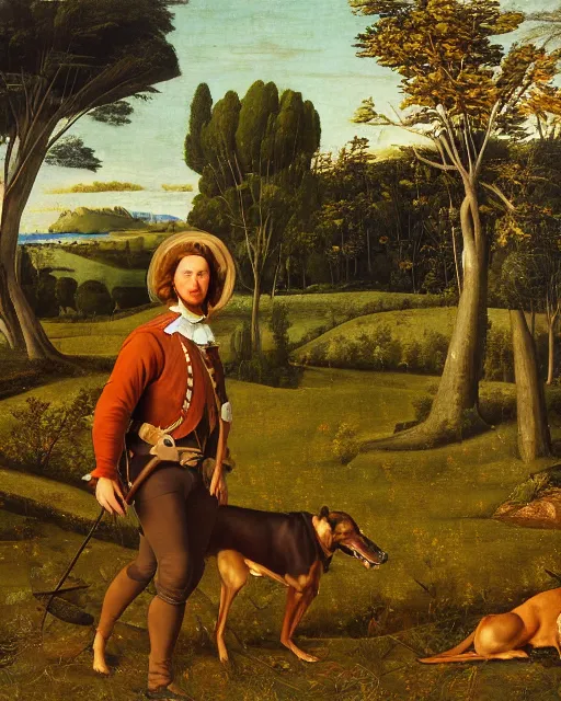 Prompt: beautiful medium - shot, oil on canvas, young man in hunting clothes of 1 7 th century with a greyhound!! dog, autumn field, cinematic lighting, highly detailed, digital art, renaissance painting, by botticelli, by rutkowsky, by ernest huntley hart