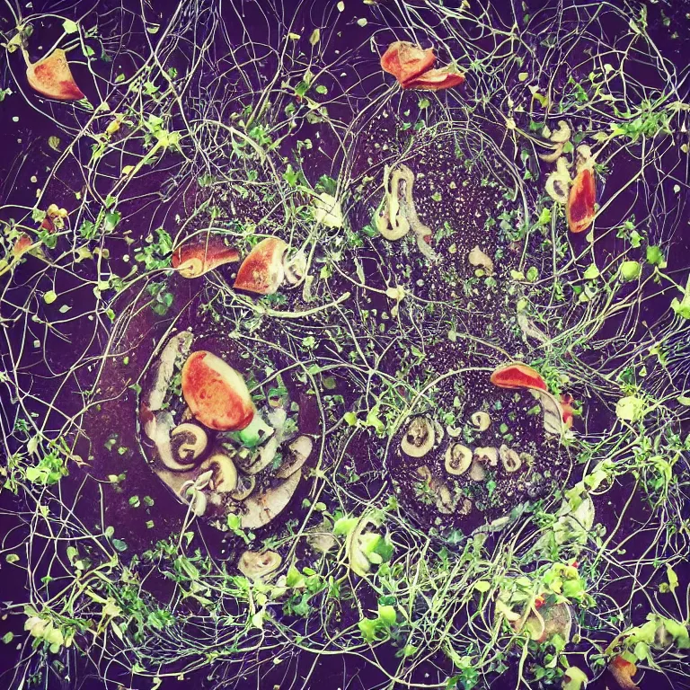 Image similar to double exposure of dally life, symbols of live, explosion, different sprouts and microgreens on mushrooms, cyber mushroom city, mushroom matrix, love is the most relevant theme, 8 k resolution, artistic mode, artistic, trending on instagram, long exposure, love art, serious, fantasy and dreams vibes, mushrooms style and macro style, spring vibes in twilight or sunset lights