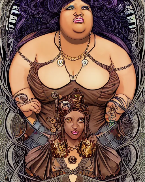 Image similar to a detailed portrait illustration of a steampunk sorceress - laywer. beautiful obese black female face. art nouveau, pop art, comic book style. influenced by neil gaiman, h. p. lovecraft, dan mumford, brian froud, kehinde wiley, killian eng, ross tran.