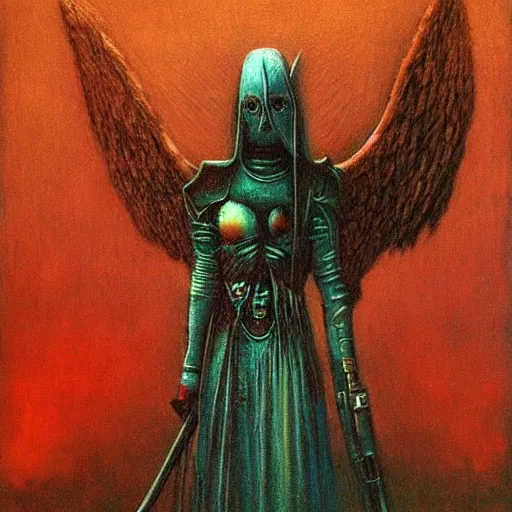 Prompt: Gloomy gothic girl angel in armor in style Warhammer 40000 by zdislav beksinski