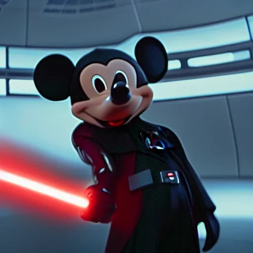 Prompt: film still of mickey mouse killing!! darth vader!! in the new star wars movie, 4 k